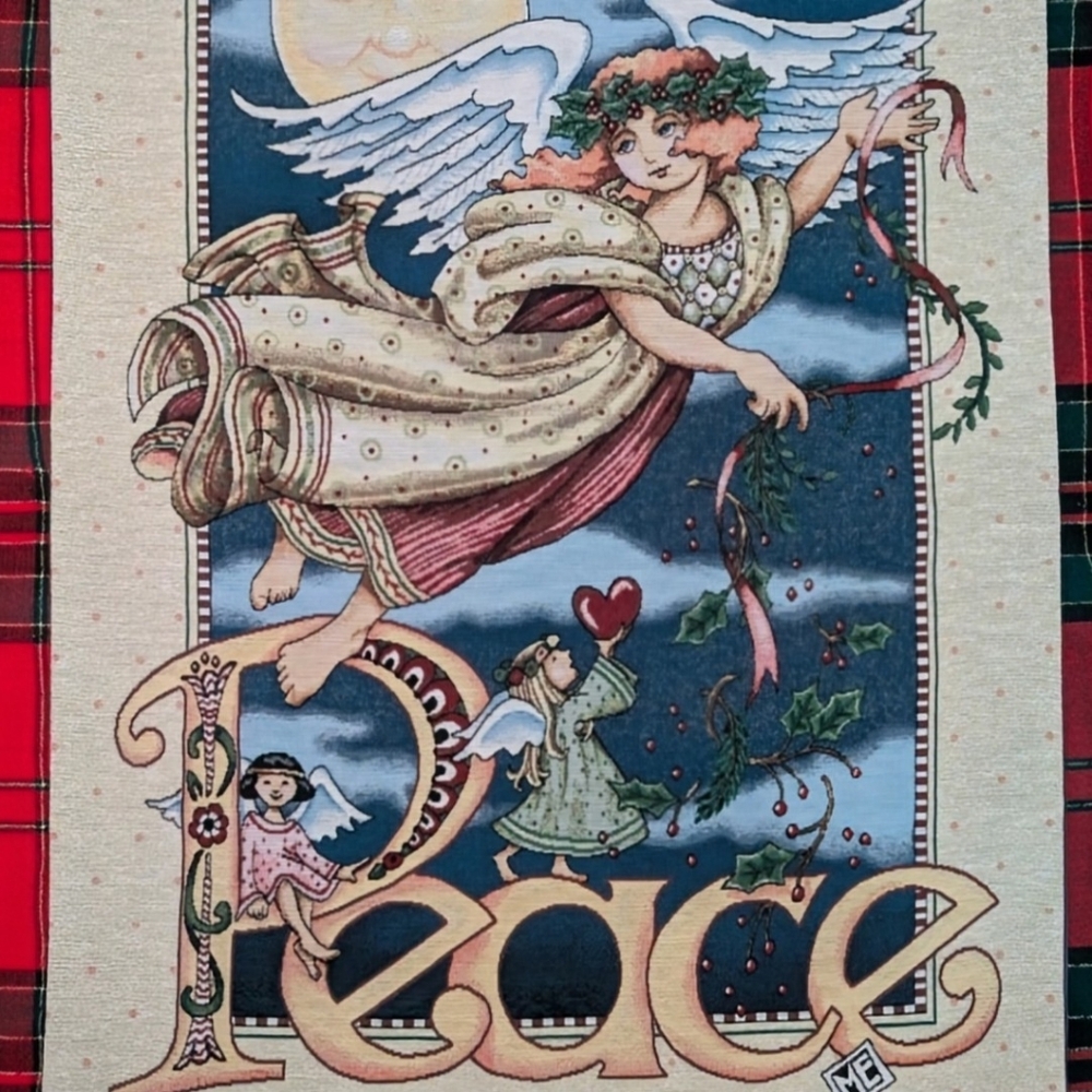 Mary Engelbreit Vintage PEACE Angel Tapestry Hanging Wall Art Christmas Decor